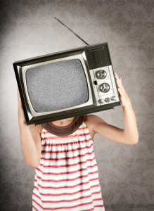 girl with television on her head